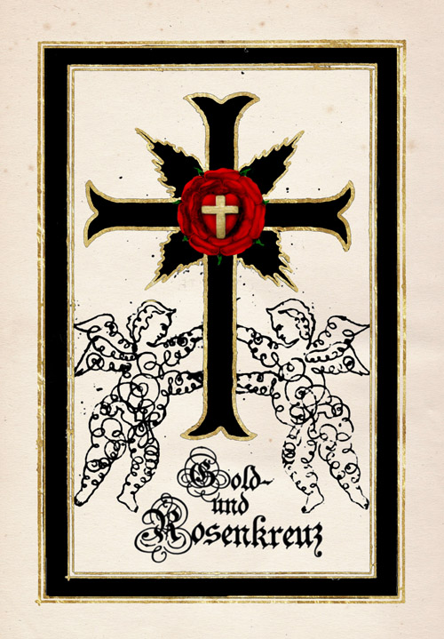 Emblem of the Golden and Rosy Cross — a black cross bearing a red rose and a golden cross.